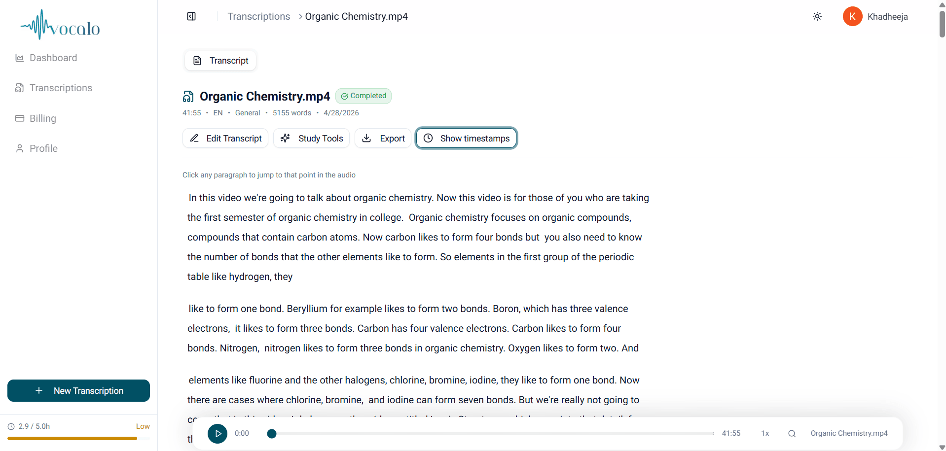Vocalo transcript view showing time-stamped, clickable paragraphs